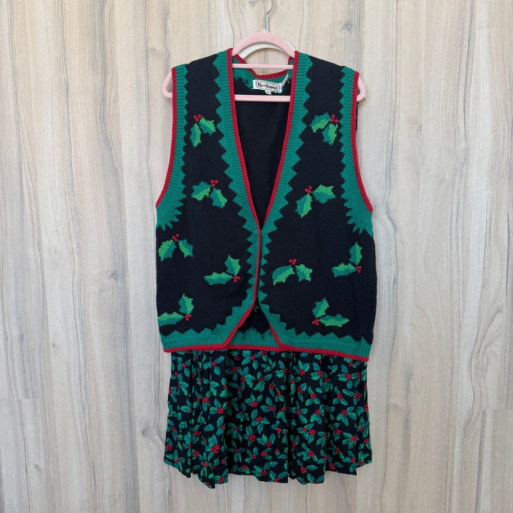Vintage Bechamel Women Skirt Vest Set XL‎ Black Holiday Grandma Retro Cottage